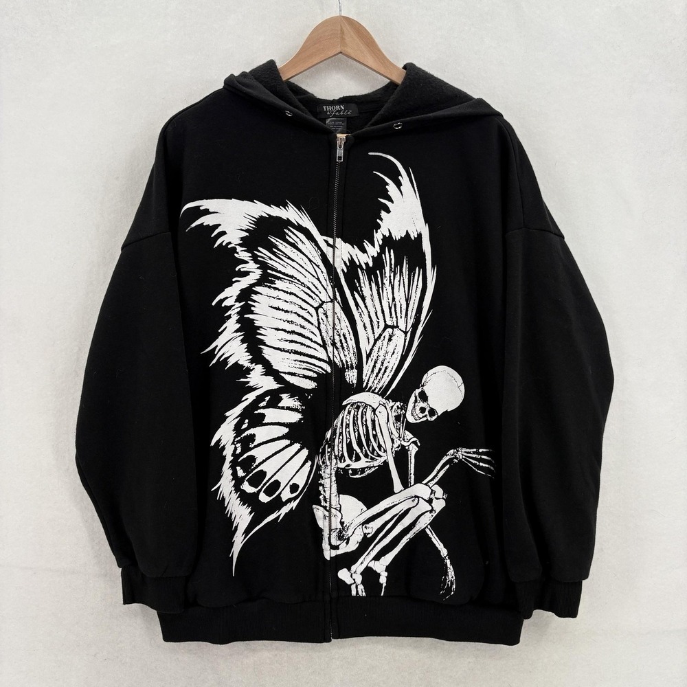 Thorn & Fable Skeleton Fairy Hoodie Womens Small Black Full Zip Butterfly Gothic